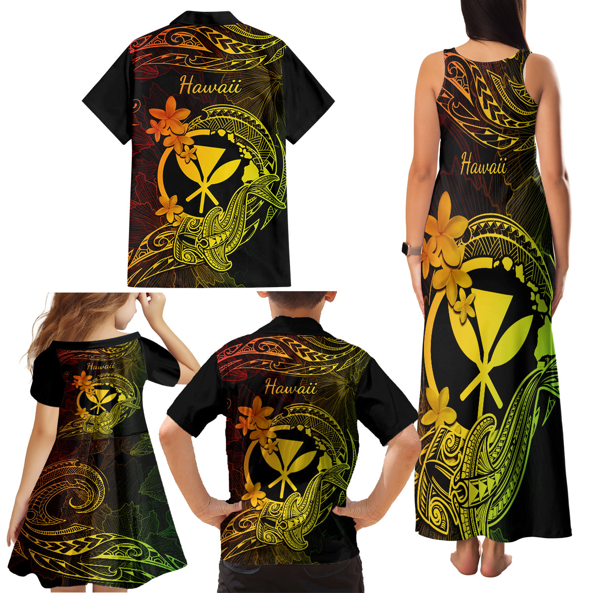 Hawaii Family Matching Tank Maxi Dress and Hawaiian Shirt Hammerhead Shark Tattoo Mix Polynesian Plumeria Reggae Version LT14 - Polynesian Pride