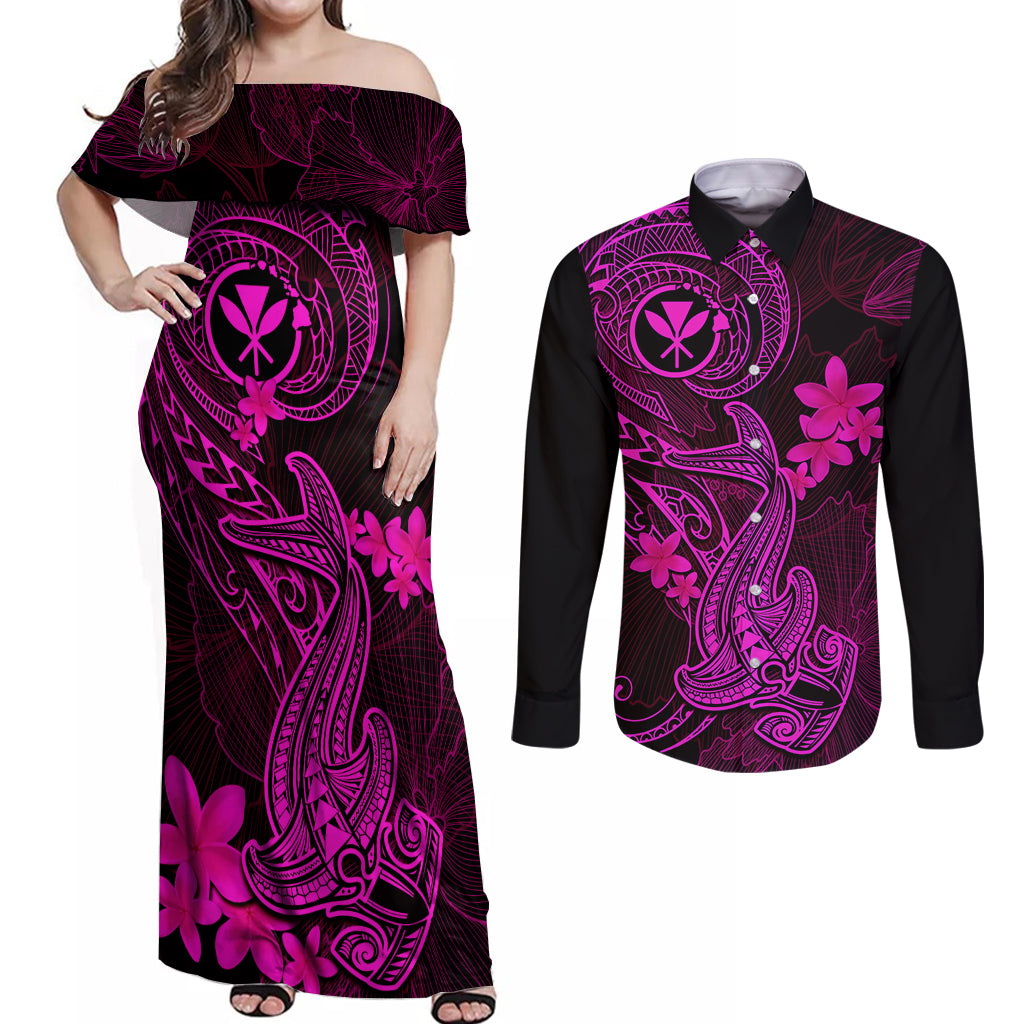 Hawaii Couples Matching Off Shoulder Maxi Dress and Long Sleeve Button Shirts Hammerhead Shark Tattoo Mix Polynesian Plumeria Pink Version LT14 Pink - Polynesian Pride