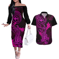 Hawaii Couples Matching Off The Shoulder Long Sleeve Dress and Hawaiian Shirt Hammerhead Shark Tattoo Mix Polynesian Plumeria Pink Version LT14 Pink - Polynesian Pride