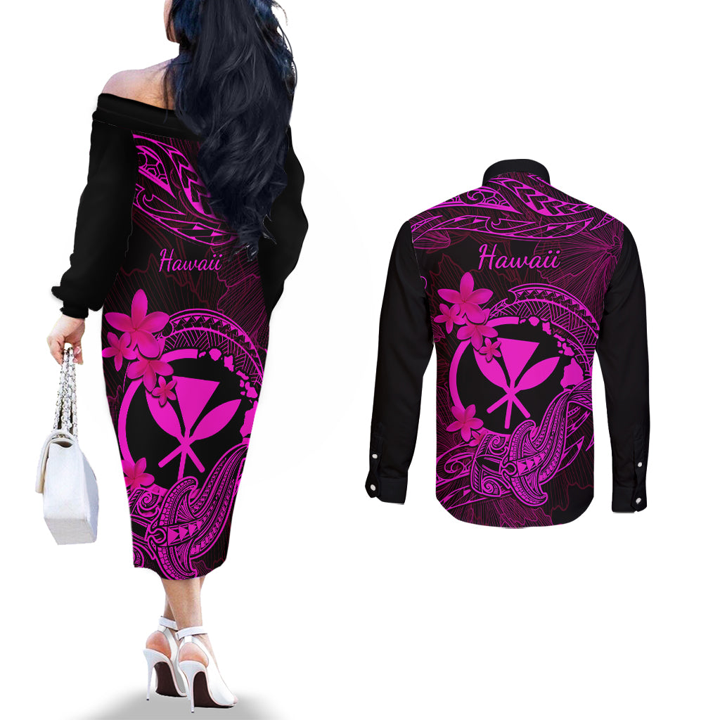 Hawaii Couples Matching Off The Shoulder Long Sleeve Dress and Long Sleeve Button Shirts Hammerhead Shark Tattoo Mix Polynesian Plumeria Pink Version LT14 - Polynesian Pride