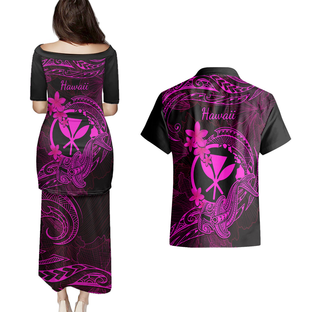 Hawaii Couples Matching Puletasi Dress and Hawaiian Shirt Hammerhead Shark Tattoo Mix Polynesian Plumeria Pink Version LT14 - Polynesian Pride