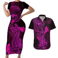 Hawaii Couples Matching Short Sleeve Bodycon Dress and Hawaiian Shirt Hammerhead Shark Tattoo Mix Polynesian Plumeria Pink Version LT14 Pink - Polynesian Pride