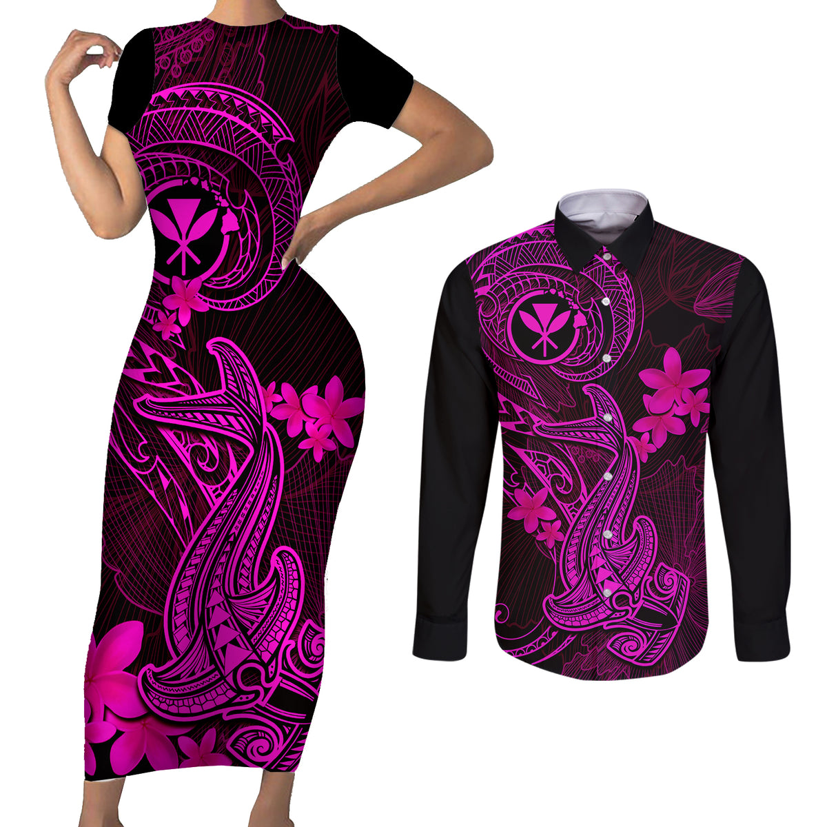 Hawaii Couples Matching Short Sleeve Bodycon Dress and Long Sleeve Button Shirts Hammerhead Shark Tattoo Mix Polynesian Plumeria Pink Version LT14 Pink - Polynesian Pride