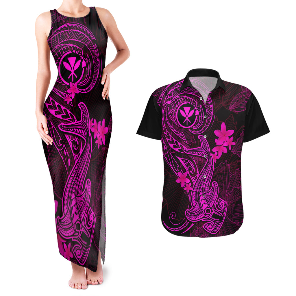 Hawaii Couples Matching Tank Maxi Dress and Hawaiian Shirt Hammerhead Shark Tattoo Mix Polynesian Plumeria Pink Version LT14 Pink - Polynesian Pride