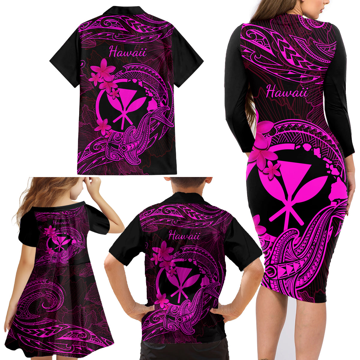 Hawaii Family Matching Long Sleeve Bodycon Dress and Hawaiian Shirt Hammerhead Shark Tattoo Mix Polynesian Plumeria Pink Version LT14 - Polynesian Pride