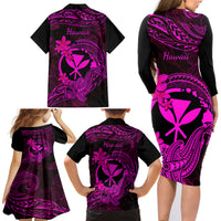 Hawaii Family Matching Long Sleeve Bodycon Dress and Hawaiian Shirt Hammerhead Shark Tattoo Mix Polynesian Plumeria Pink Version LT14 - Polynesian Pride