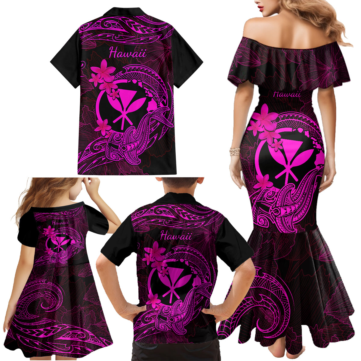 Hawaii Family Matching Mermaid Dress and Hawaiian Shirt Hammerhead Shark Tattoo Mix Polynesian Plumeria Pink Version LT14 - Polynesian Pride