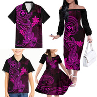 Hawaii Family Matching Off Shoulder Long Sleeve Dress and Hawaiian Shirt Hammerhead Shark Tattoo Mix Polynesian Plumeria Pink Version LT14 - Polynesian Pride