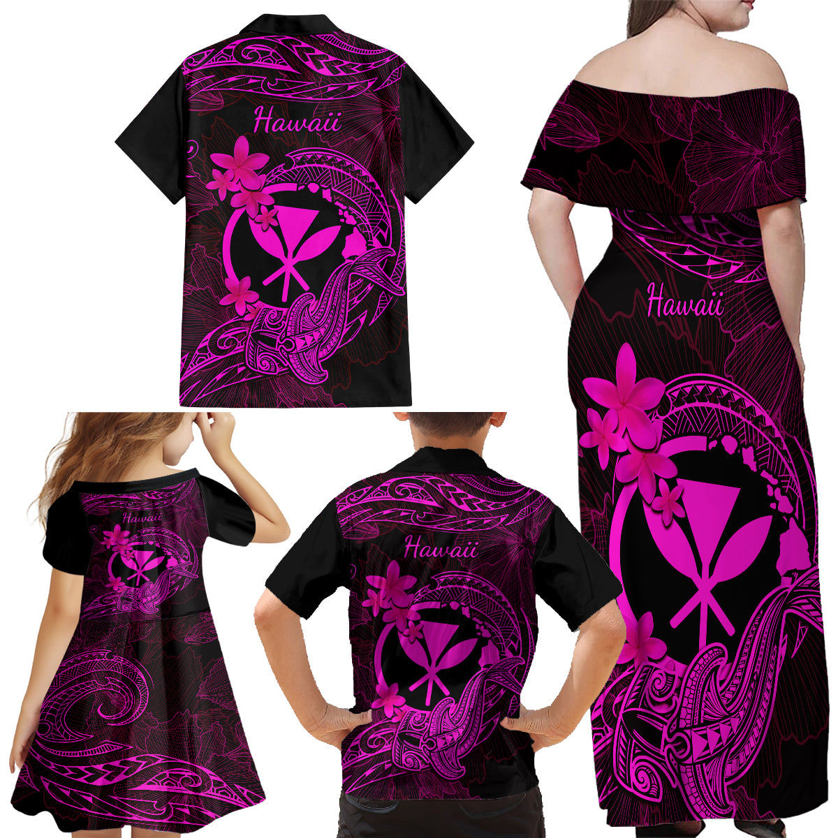 Hawaii Family Matching Off Shoulder Long Sleeve Dress and Hawaiian Shirt Hammerhead Shark Tattoo Mix Polynesian Plumeria Pink Version LT14 - Polynesian Pride