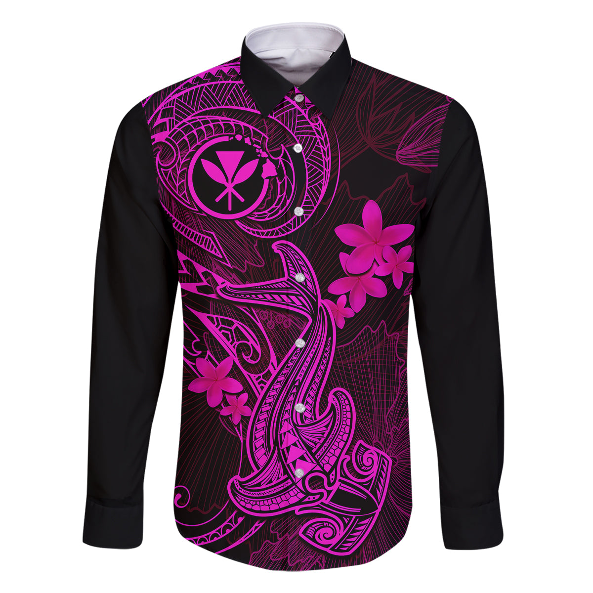 Hawaii Family Matching Off Shoulder Short Dress and Hawaiian Shirt Hammerhead Shark Tattoo Mix Polynesian Plumeria Pink Version LT14 Dad's Shirt - Long Sleeve Pink - Polynesian Pride