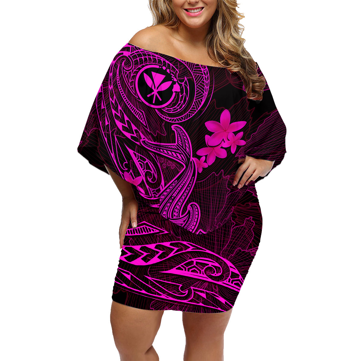Hawaii Family Matching Off Shoulder Short Dress and Hawaiian Shirt Hammerhead Shark Tattoo Mix Polynesian Plumeria Pink Version LT14 Mom's Dress Pink - Polynesian Pride