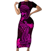 Hawaii Family Matching Short Sleeve Bodycon Dress and Hawaiian Shirt Hammerhead Shark Tattoo Mix Polynesian Plumeria Pink Version LT14 Mom's Dress Pink - Polynesian Pride