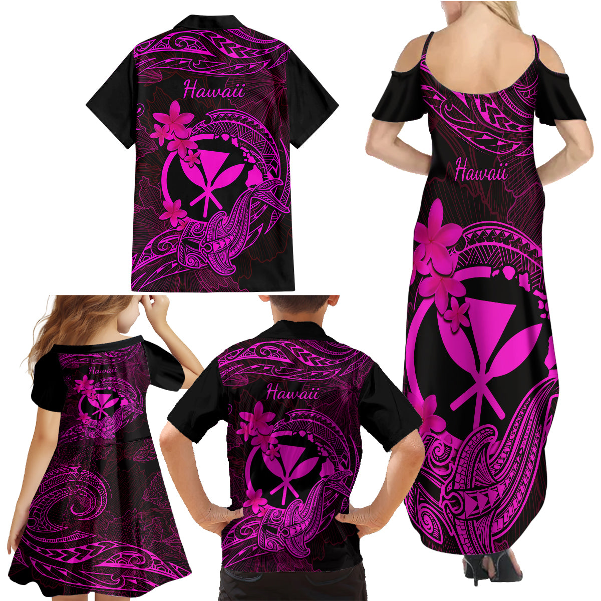 Hawaii Family Matching Summer Maxi Dress and Hawaiian Shirt Hammerhead Shark Tattoo Mix Polynesian Plumeria Pink Version LT14 - Polynesian Pride
