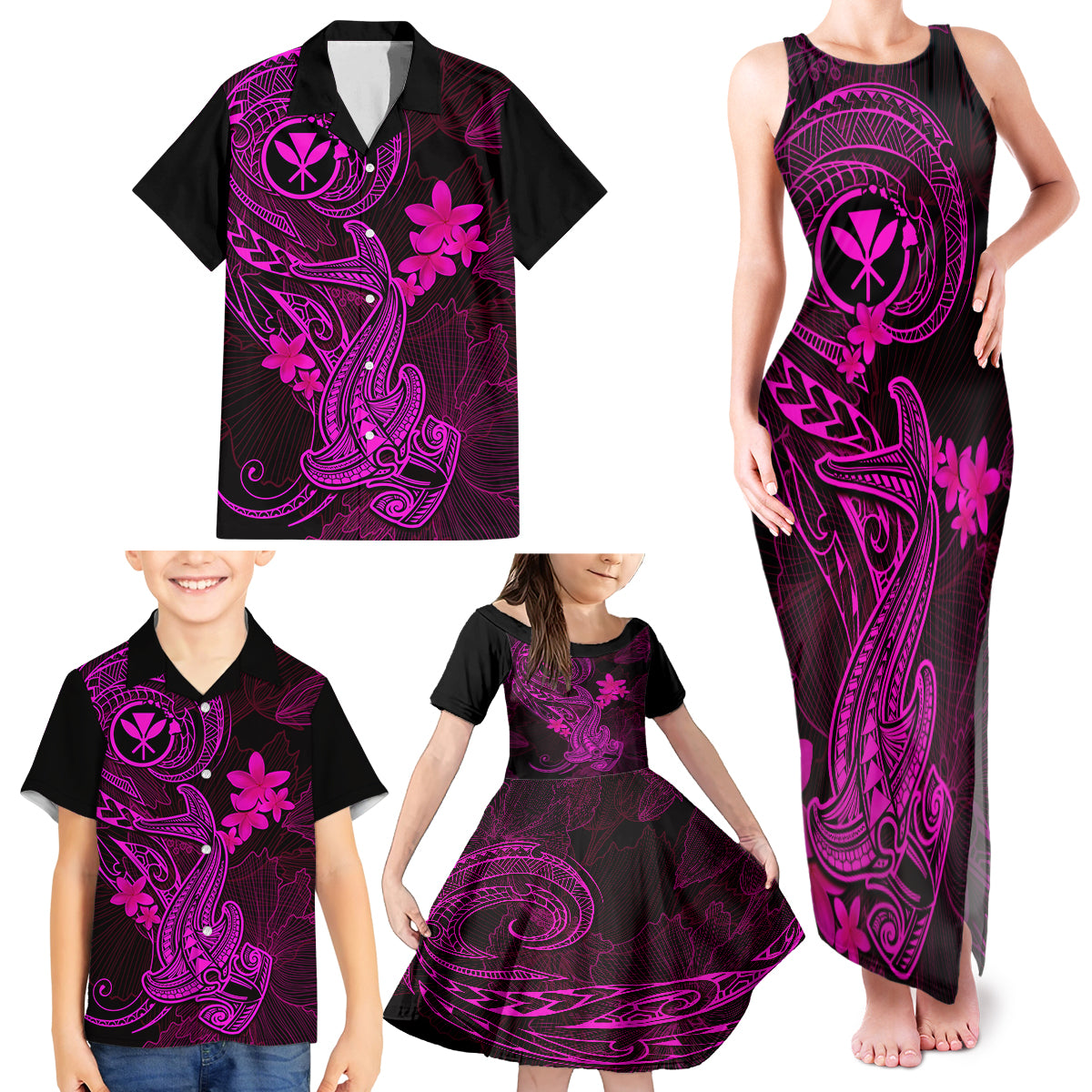 Hawaii Family Matching Tank Maxi Dress and Hawaiian Shirt Hammerhead Shark Tattoo Mix Polynesian Plumeria Pink Version LT14 - Polynesian Pride