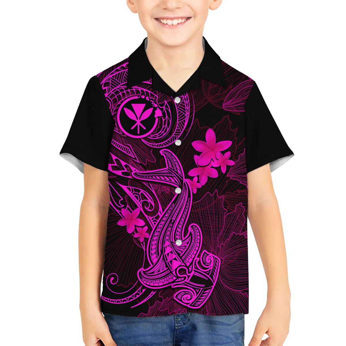 Hawaii Kid Hawaiian Shirt Hammerhead Shark Tattoo Mix Polynesian Plumeria Pink Version LT14 - Polynesian Pride