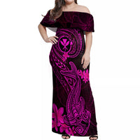 Hawaii Off Shoulder Maxi Dress Hammerhead Shark Tattoo Mix Polynesian Plumeria Pink Version LT14 Women Pink - Polynesian Pride