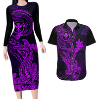 Hawaii Couples Matching Long Sleeve Bodycon Dress and Hawaiian Shirt Hammerhead Shark Tattoo Mix Polynesian Plumeria Purple Version LT14 Purple - Polynesian Pride
