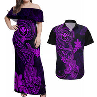 Hawaii Couples Matching Off Shoulder Maxi Dress and Hawaiian Shirt Hammerhead Shark Tattoo Mix Polynesian Plumeria Purple Version LT14 Purple - Polynesian Pride