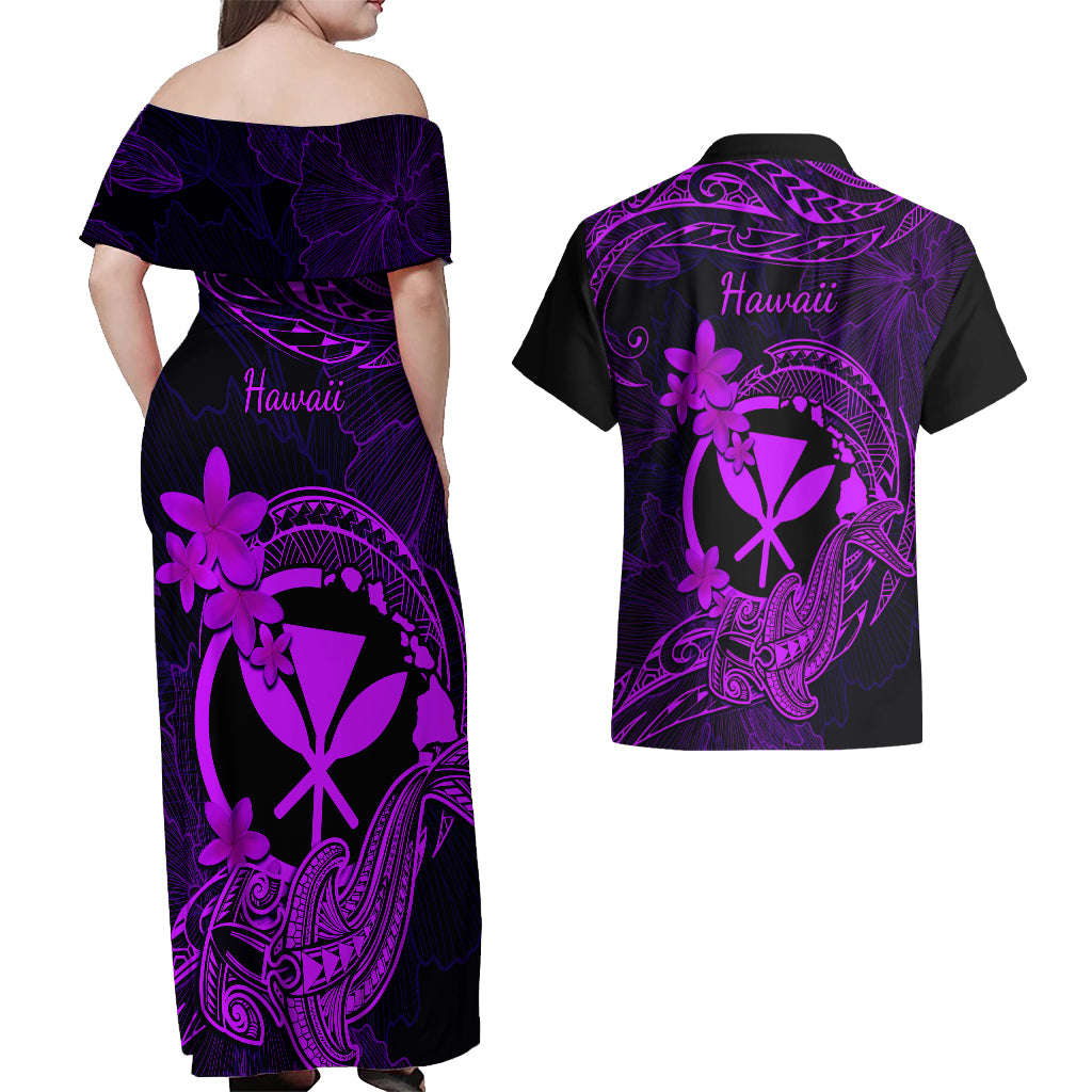 Hawaii Couples Matching Off Shoulder Maxi Dress and Hawaiian Shirt Hammerhead Shark Tattoo Mix Polynesian Plumeria Purple Version LT14 - Polynesian Pride