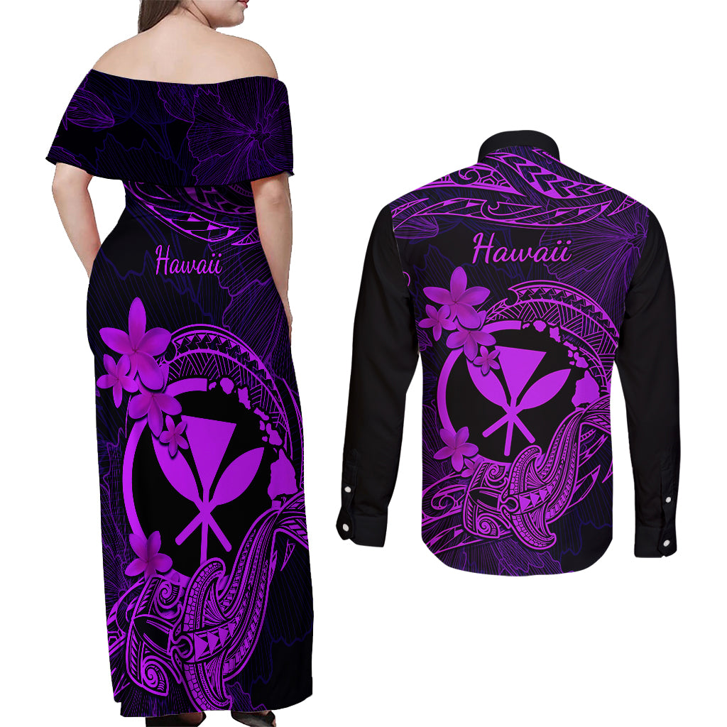 Hawaii Couples Matching Off Shoulder Maxi Dress and Long Sleeve Button Shirts Hammerhead Shark Tattoo Mix Polynesian Plumeria Purple Version LT14 - Polynesian Pride
