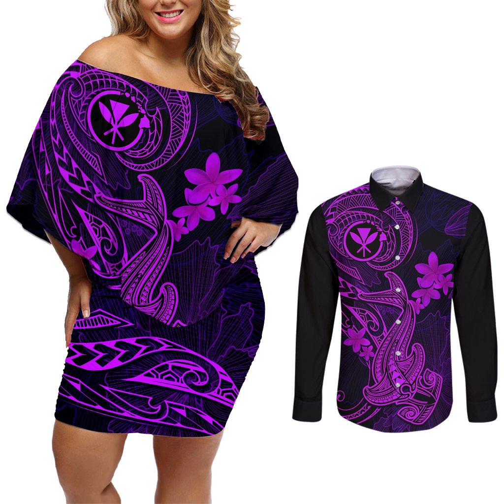 Hawaii Couples Matching Off Shoulder Short Dress and Long Sleeve Button Shirts Hammerhead Shark Tattoo Mix Polynesian Plumeria Purple Version LT14 Purple - Polynesian Pride