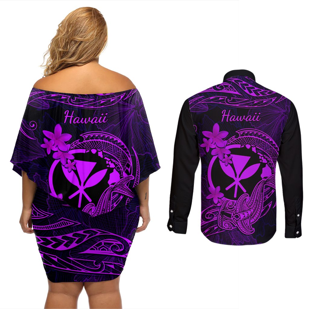 Hawaii Couples Matching Off Shoulder Short Dress and Long Sleeve Button Shirts Hammerhead Shark Tattoo Mix Polynesian Plumeria Purple Version LT14 - Polynesian Pride