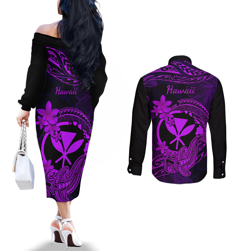 Hawaii Couples Matching Off The Shoulder Long Sleeve Dress and Long Sleeve Button Shirts Hammerhead Shark Tattoo Mix Polynesian Plumeria Purple Version LT14 - Polynesian Pride