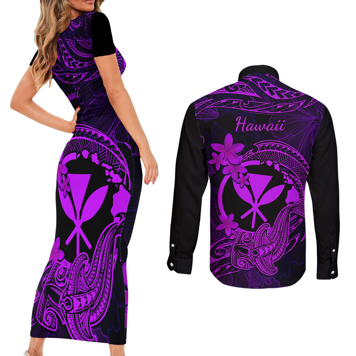 Hawaii Couples Matching Short Sleeve Bodycon Dress and Long Sleeve Button Shirts Hammerhead Shark Tattoo Mix Polynesian Plumeria Purple Version LT14 - Polynesian Pride