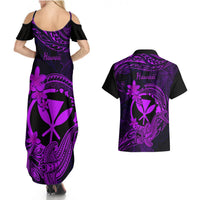 Hawaii Couples Matching Summer Maxi Dress and Hawaiian Shirt Hammerhead Shark Tattoo Mix Polynesian Plumeria Purple Version LT14 - Polynesian Pride