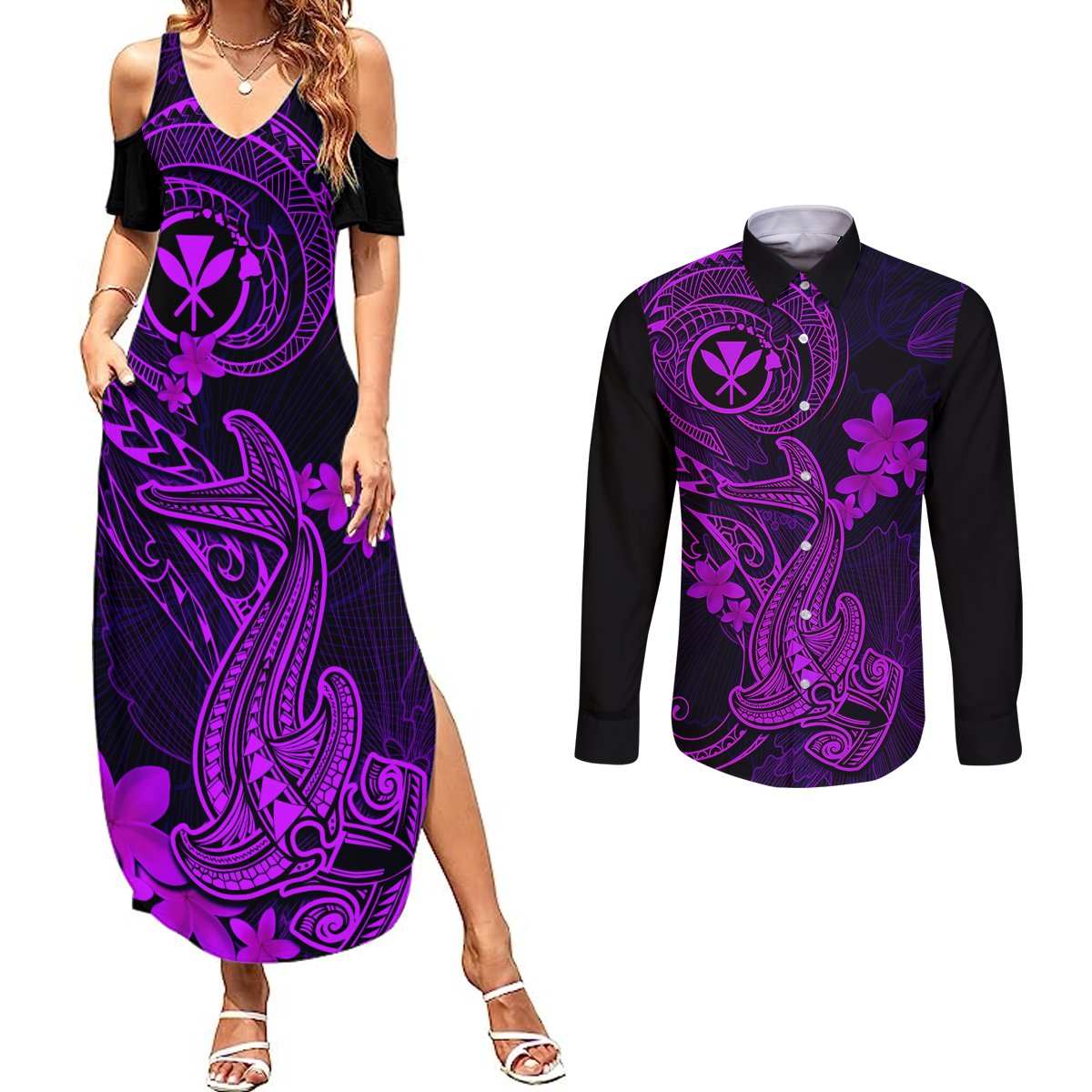 hawaii-couples-matching-summer-maxi-dress-and-long-sleeve-button-shirts-hammerhead-shark-tattoo-mix-polynesian-plumeria-purple-version