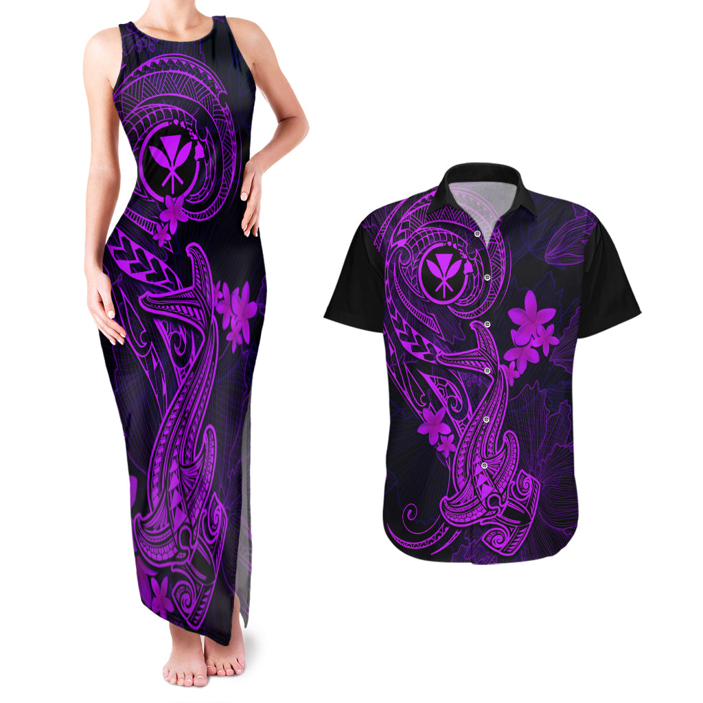 Hawaii Couples Matching Tank Maxi Dress and Hawaiian Shirt Hammerhead Shark Tattoo Mix Polynesian Plumeria Purple Version LT14 Purple - Polynesian Pride