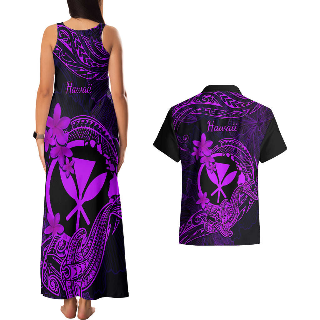 Hawaii Couples Matching Tank Maxi Dress and Hawaiian Shirt Hammerhead Shark Tattoo Mix Polynesian Plumeria Purple Version LT14 - Polynesian Pride