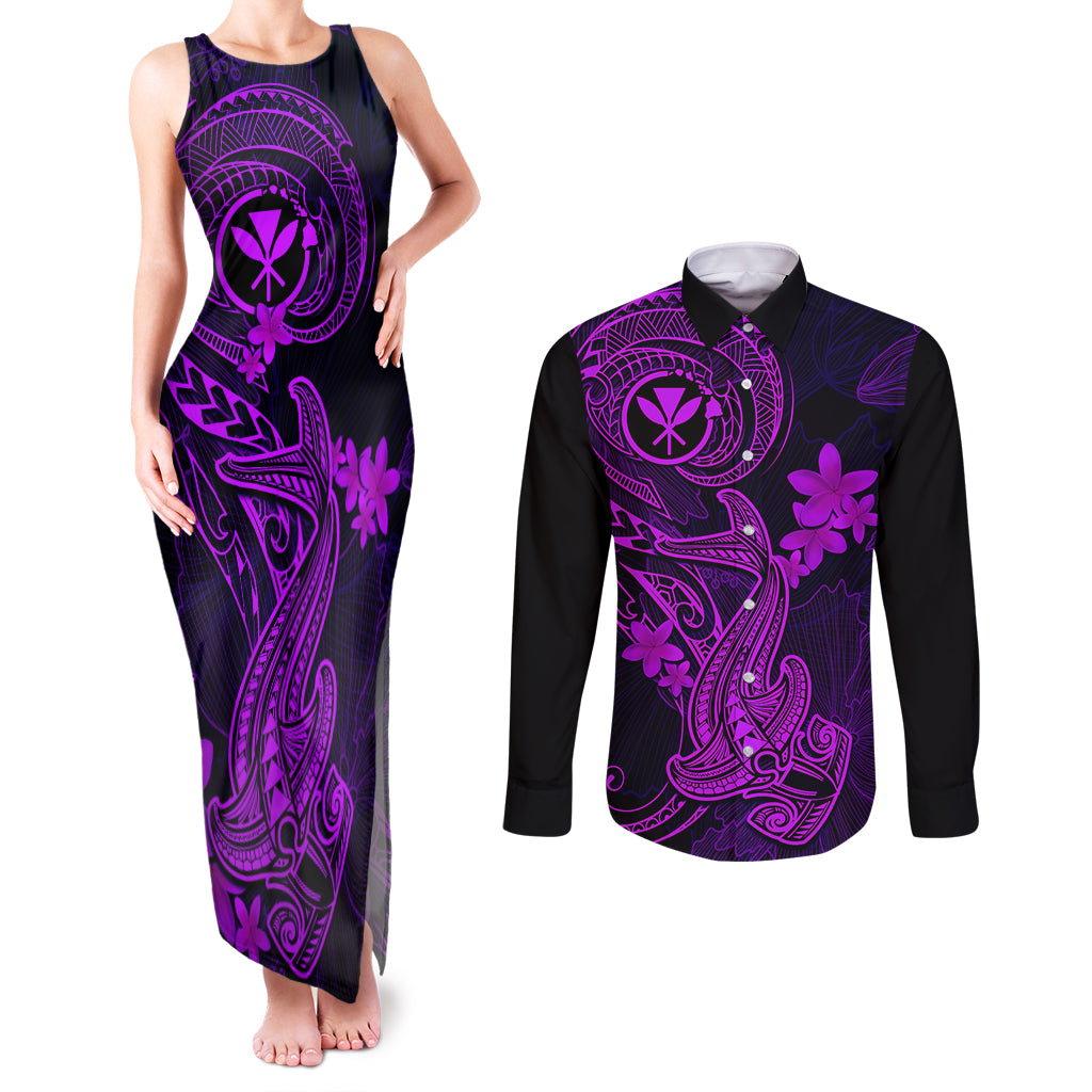 Hawaii Couples Matching Tank Maxi Dress and Long Sleeve Button Shirts Hammerhead Shark Tattoo Mix Polynesian Plumeria Purple Version LT14 Purple - Polynesian Pride