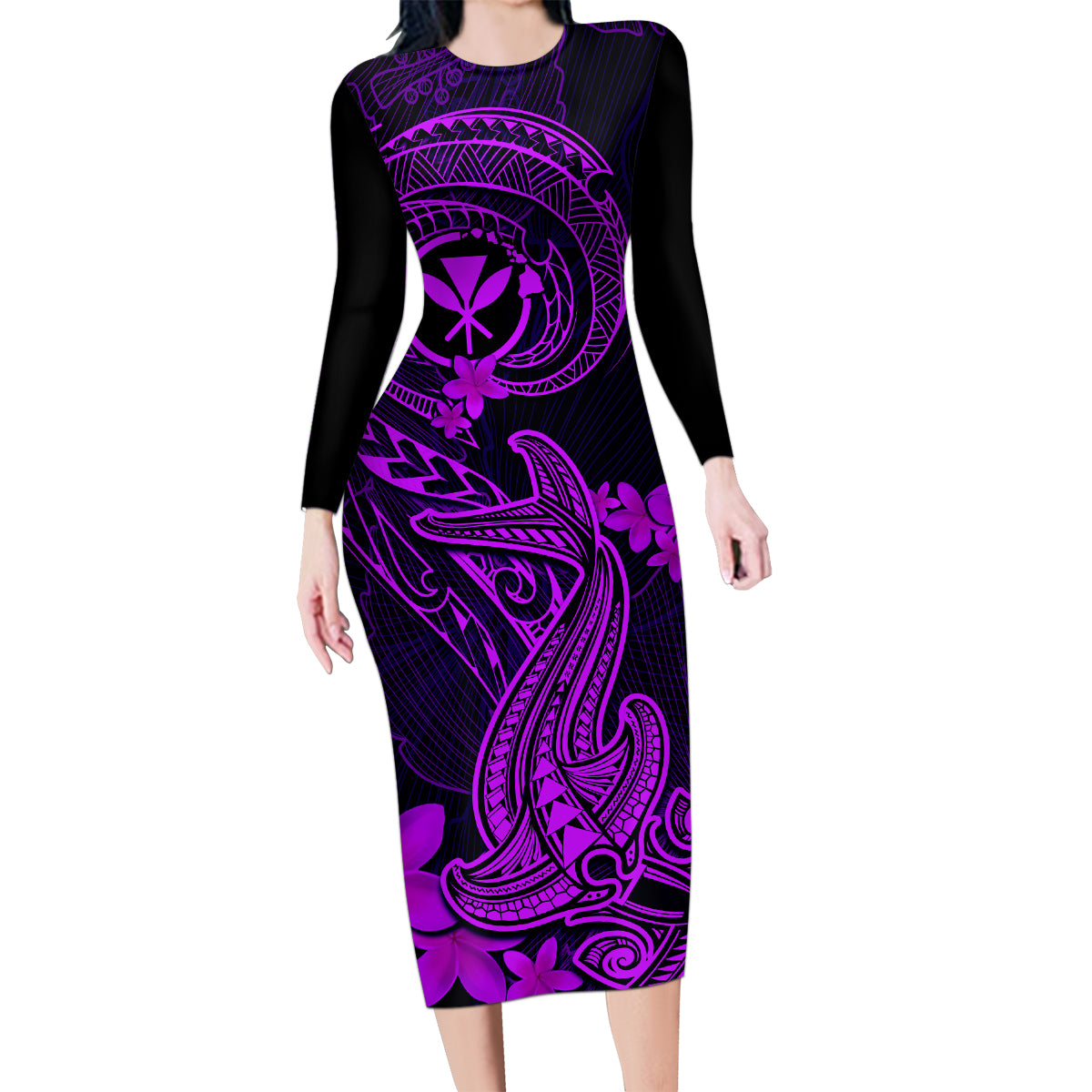 Hawaii Family Matching Long Sleeve Bodycon Dress and Hawaiian Shirt Hammerhead Shark Tattoo Mix Polynesian Plumeria Purple Version LT14 Mom's Dress Purple - Polynesian Pride