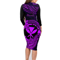Hawaii Family Matching Long Sleeve Bodycon Dress and Hawaiian Shirt Hammerhead Shark Tattoo Mix Polynesian Plumeria Purple Version LT14 - Polynesian Pride