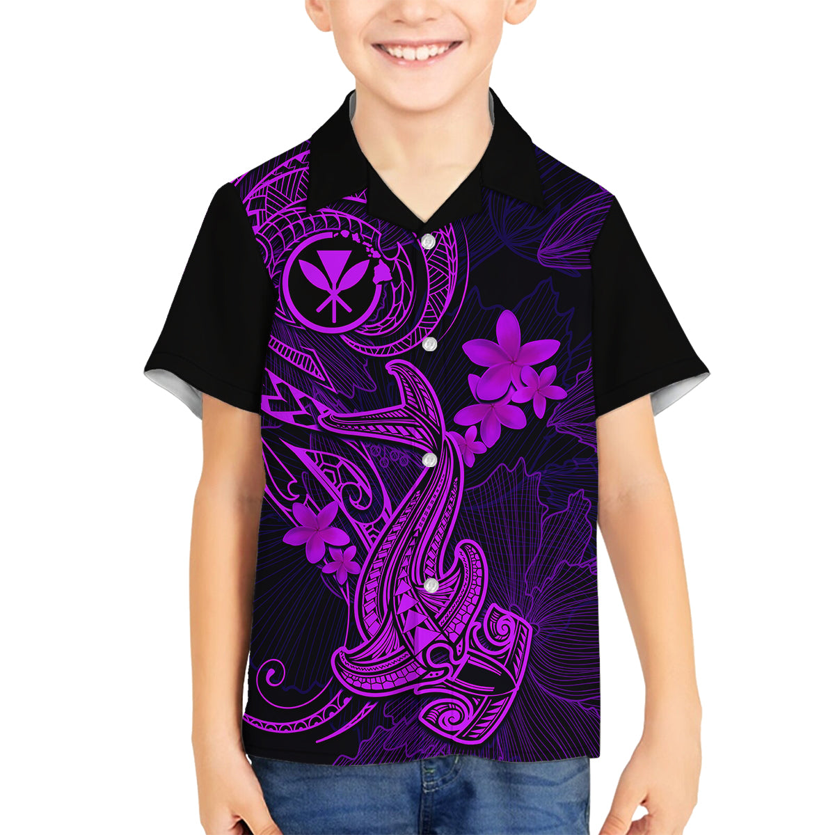 Hawaii Family Matching Long Sleeve Bodycon Dress and Hawaiian Shirt Hammerhead Shark Tattoo Mix Polynesian Plumeria Purple Version LT14 Son's Shirt Purple - Polynesian Pride