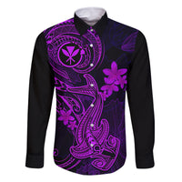 Hawaii Family Matching Off Shoulder Long Sleeve Dress and Hawaiian Shirt Hammerhead Shark Tattoo Mix Polynesian Plumeria Purple Version LT14 Dad's Shirt - Long Sleeve Purple - Polynesian Pride