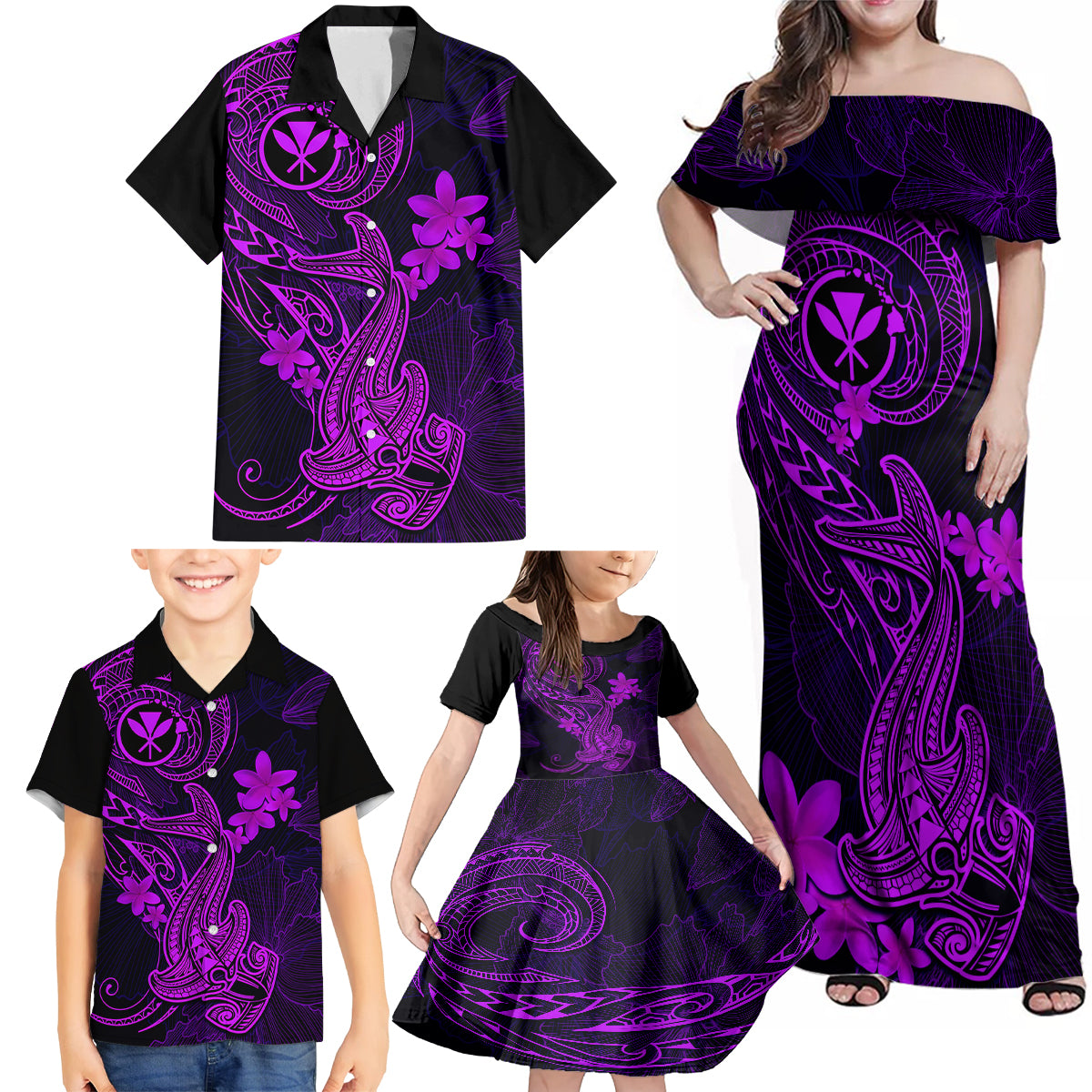 Hawaii Family Matching Off Shoulder Maxi Dress and Hawaiian Shirt Hammerhead Shark Tattoo Mix Polynesian Plumeria Purple Version LT14 - Polynesian Pride