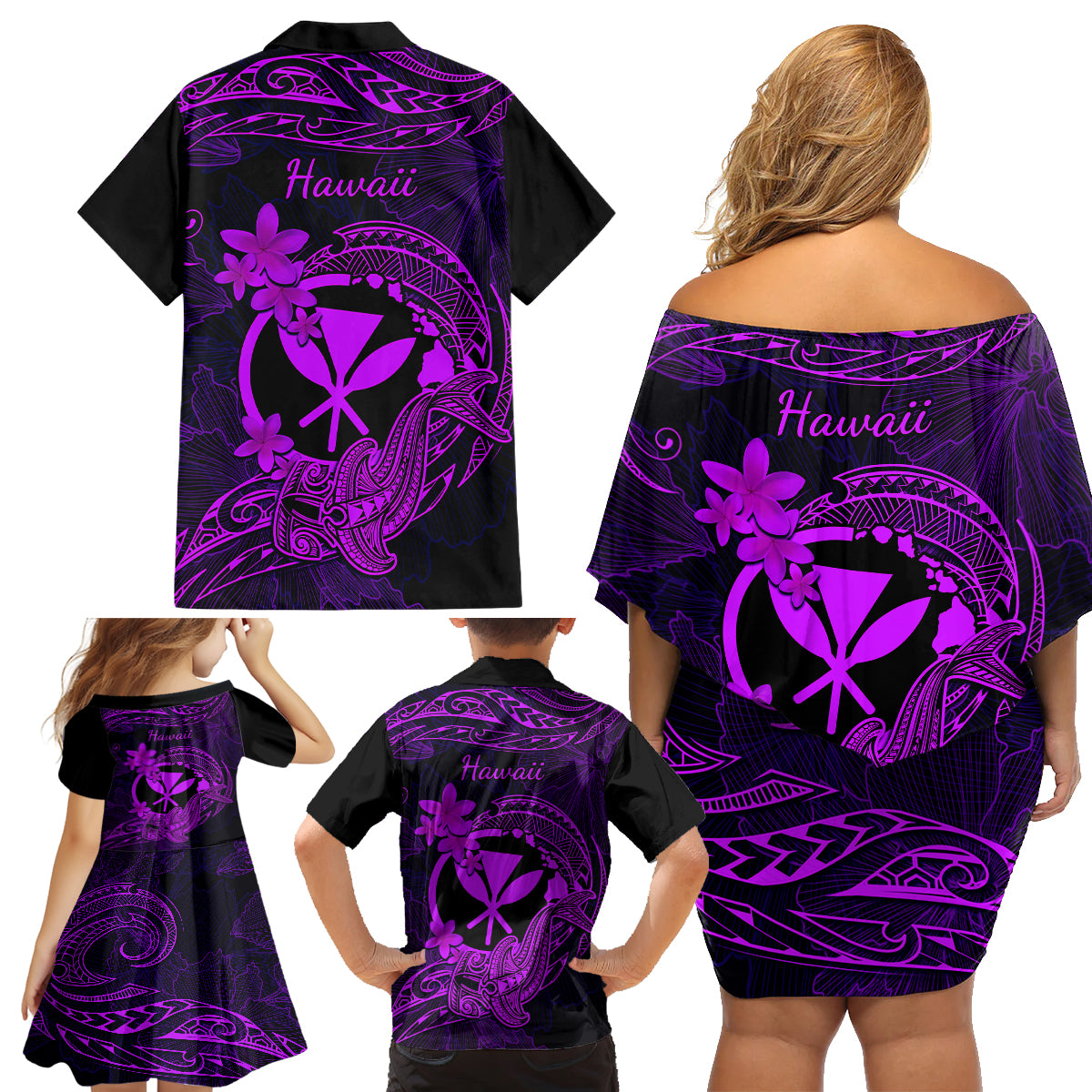 Hawaii Family Matching Off Shoulder Short Dress and Hawaiian Shirt Hammerhead Shark Tattoo Mix Polynesian Plumeria Purple Version LT14 - Polynesian Pride