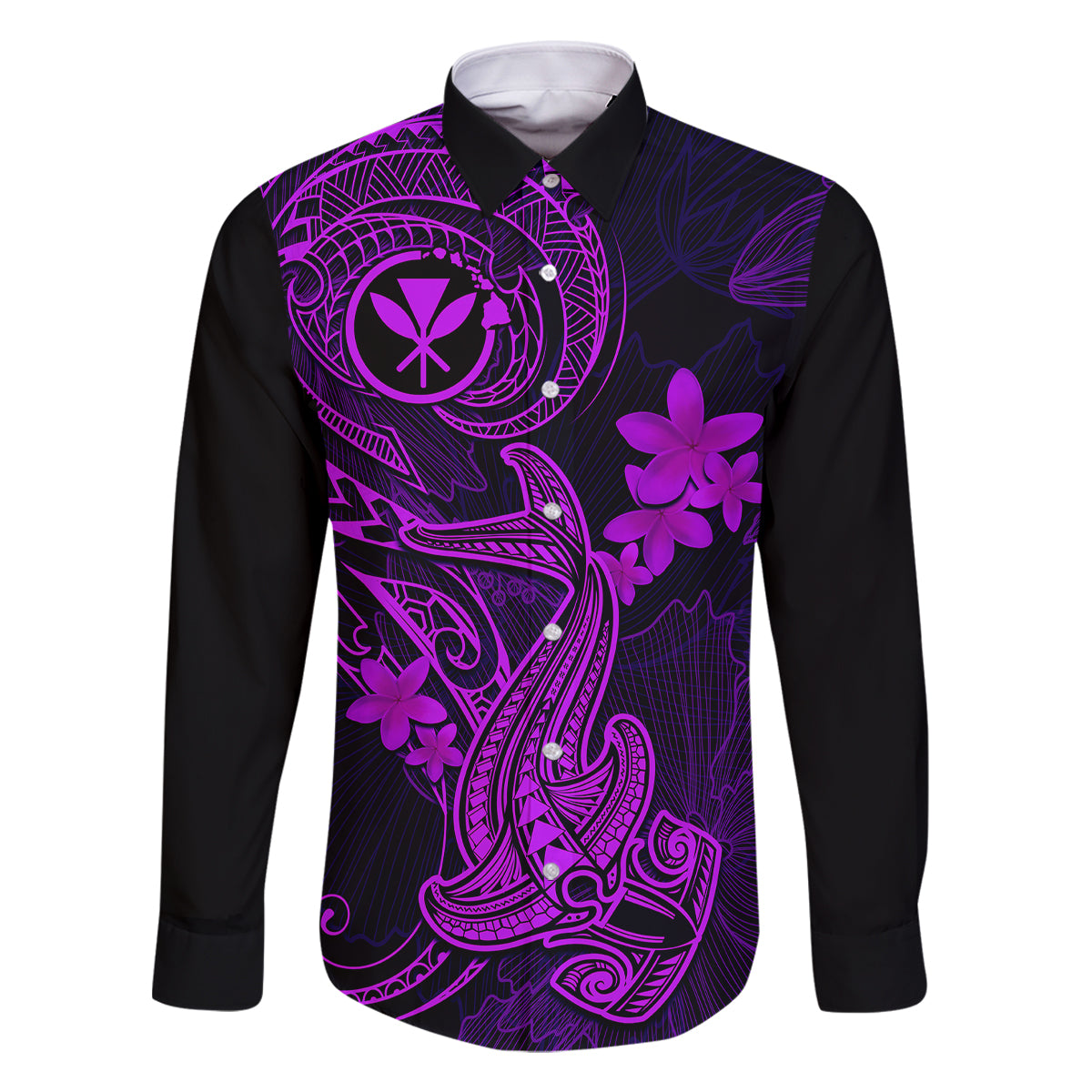 Hawaii Family Matching Off Shoulder Short Dress and Hawaiian Shirt Hammerhead Shark Tattoo Mix Polynesian Plumeria Purple Version LT14 Dad's Shirt - Long Sleeve Purple - Polynesian Pride