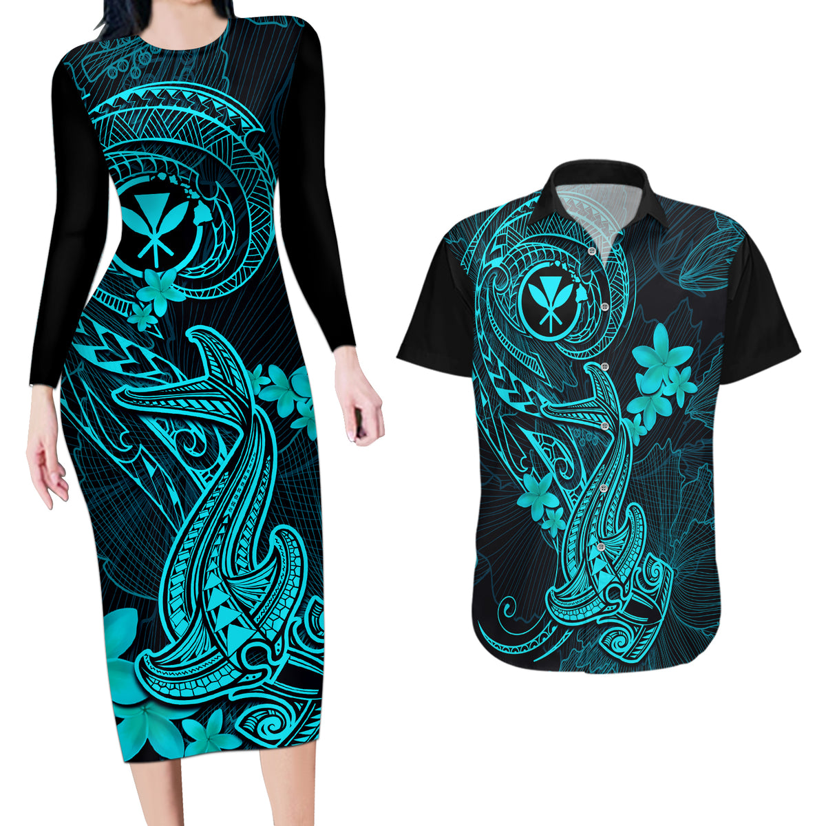Hawaii Couples Matching Long Sleeve Bodycon Dress and Hawaiian Shirt Hammerhead Shark Tattoo Mix Polynesian Plumeria Turquoise Version LT14 Turquoise - Polynesian Pride