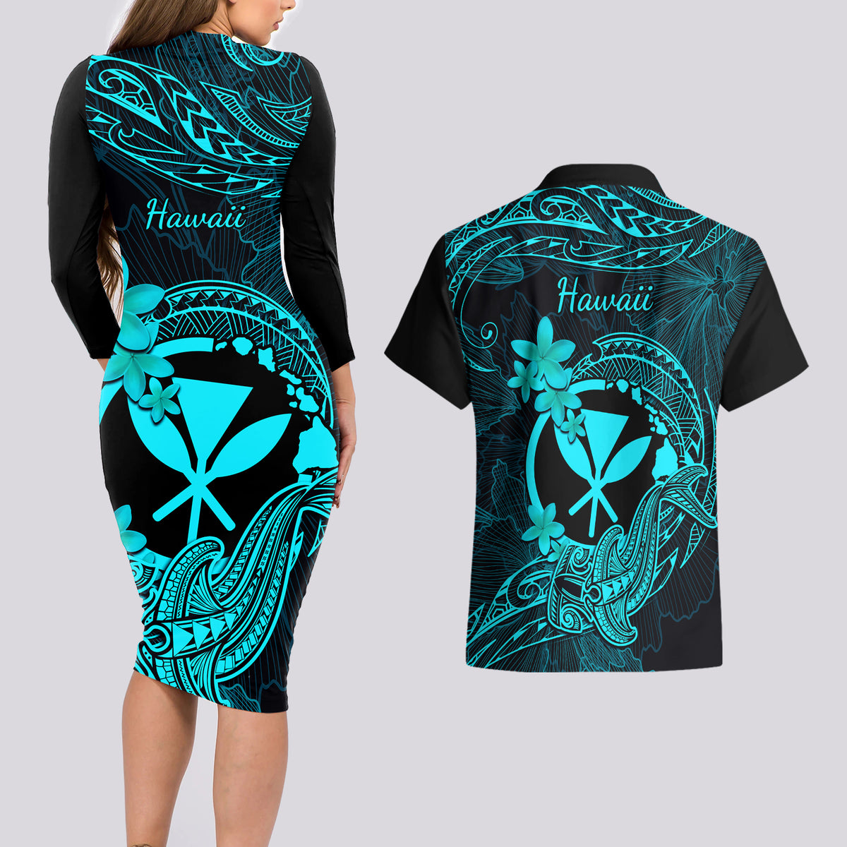 Hawaii Couples Matching Long Sleeve Bodycon Dress and Hawaiian Shirt Hammerhead Shark Tattoo Mix Polynesian Plumeria Turquoise Version LT14 - Polynesian Pride