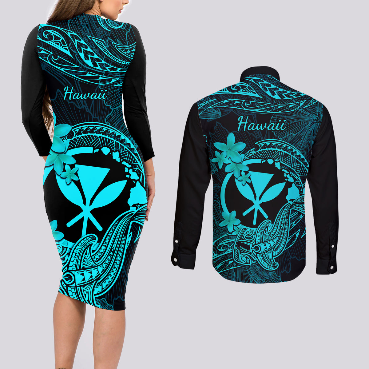 Hawaii Couples Matching Long Sleeve Bodycon Dress and Long Sleeve Button Shirts Hammerhead Shark Tattoo Mix Polynesian Plumeria Turquoise Version LT14 - Polynesian Pride