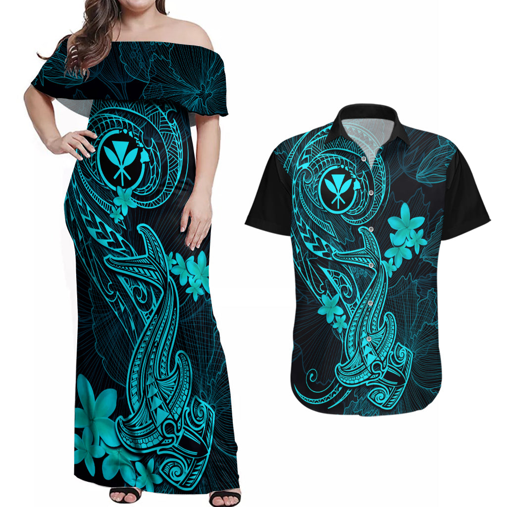 Hawaii Couples Matching Off Shoulder Maxi Dress and Hawaiian Shirt Hammerhead Shark Tattoo Mix Polynesian Plumeria Turquoise Version LT14 Turquoise - Polynesian Pride