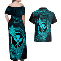 Hawaii Couples Matching Off Shoulder Maxi Dress and Hawaiian Shirt Hammerhead Shark Tattoo Mix Polynesian Plumeria Turquoise Version LT14 - Polynesian Pride
