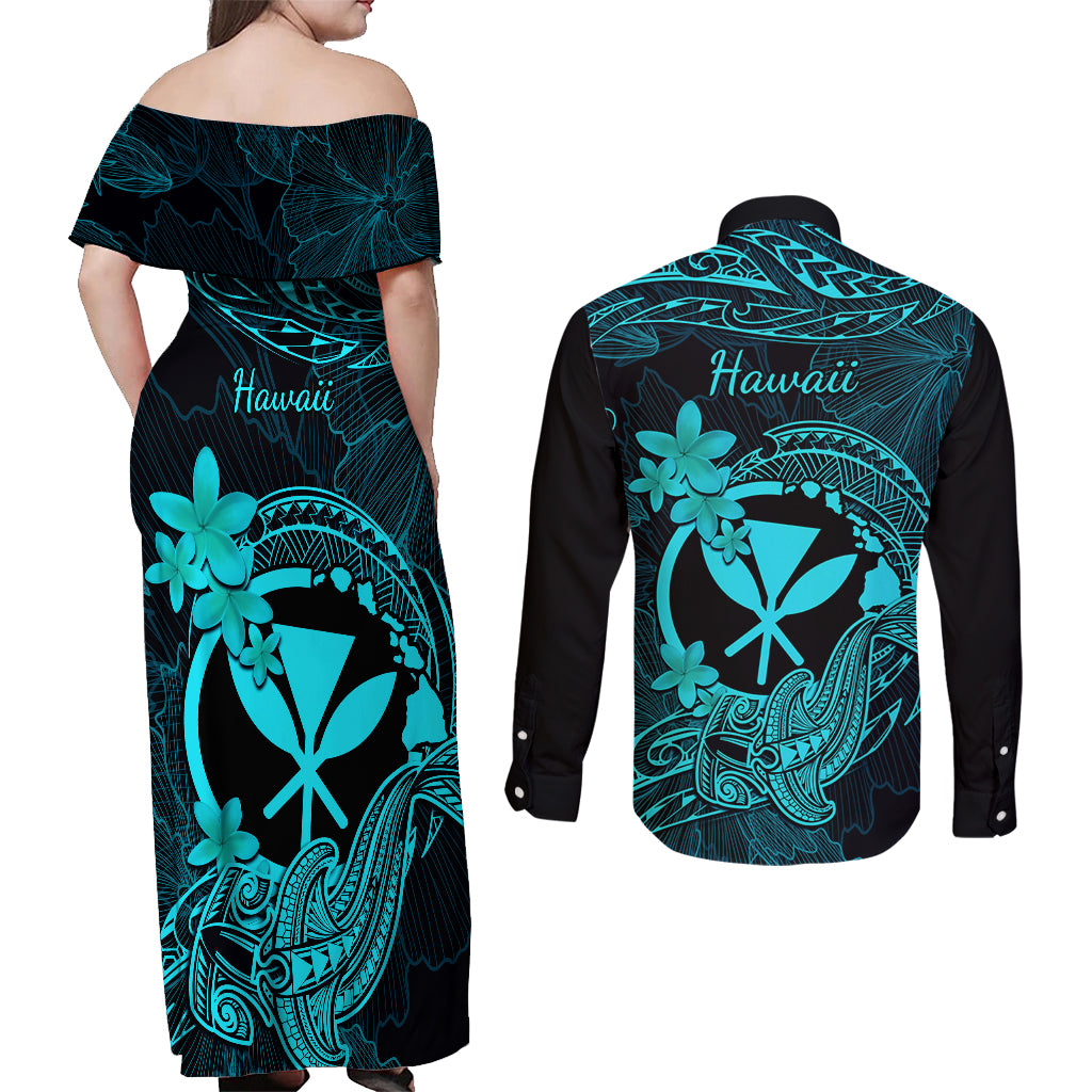 Hawaii Couples Matching Off Shoulder Maxi Dress and Long Sleeve Button Shirts Hammerhead Shark Tattoo Mix Polynesian Plumeria Turquoise Version LT14 - Polynesian Pride