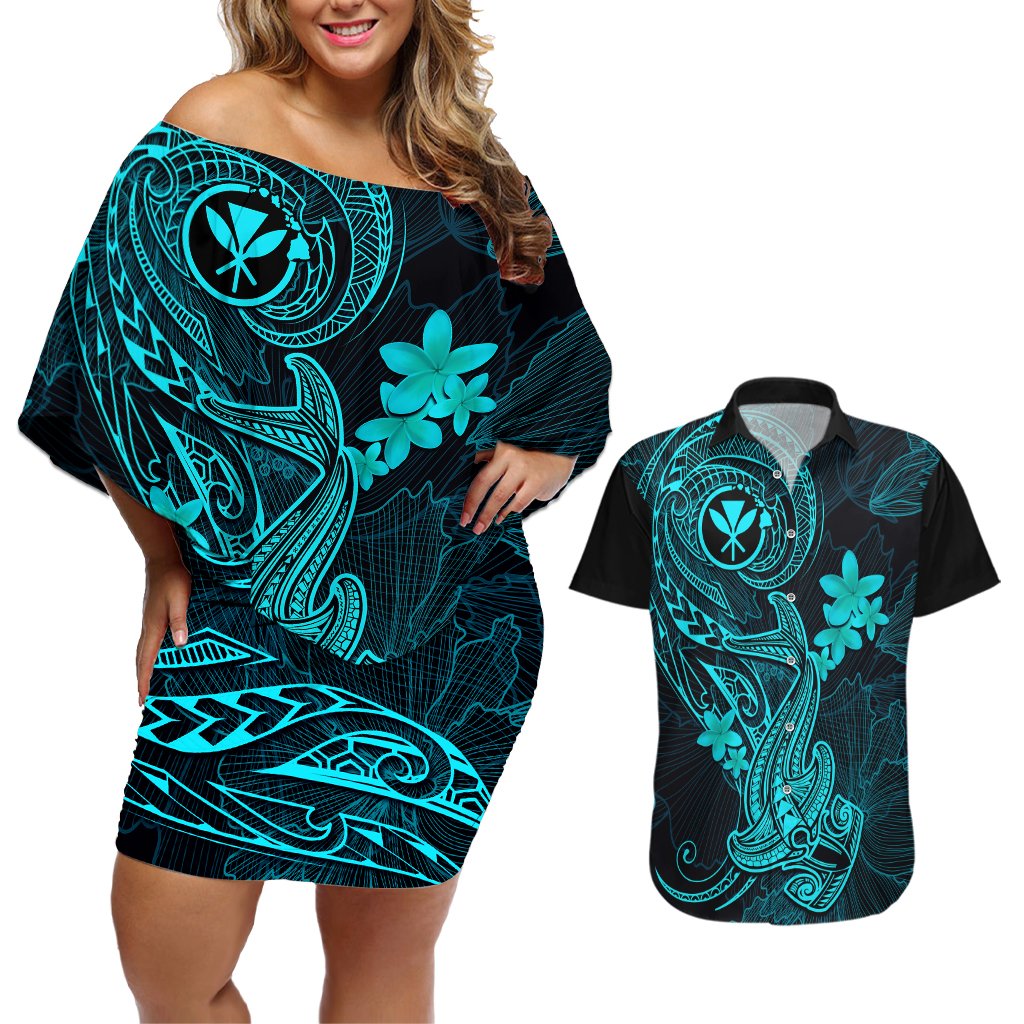 Hawaii Couples Matching Off Shoulder Short Dress and Hawaiian Shirt Hammerhead Shark Tattoo Mix Polynesian Plumeria Turquoise Version LT14 Turquoise - Polynesian Pride