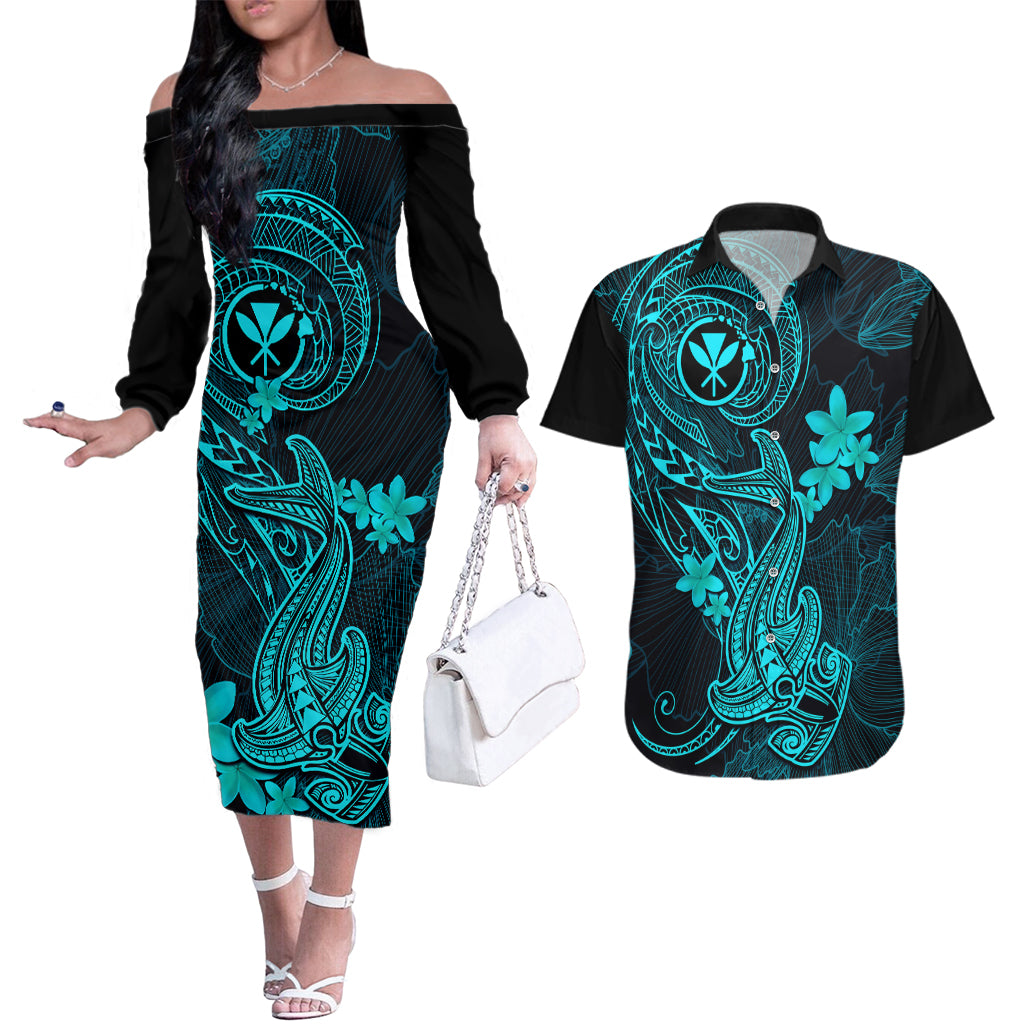 Hawaii Couples Matching Off The Shoulder Long Sleeve Dress and Hawaiian Shirt Hammerhead Shark Tattoo Mix Polynesian Plumeria Turquoise Version LT14 Turquoise - Polynesian Pride