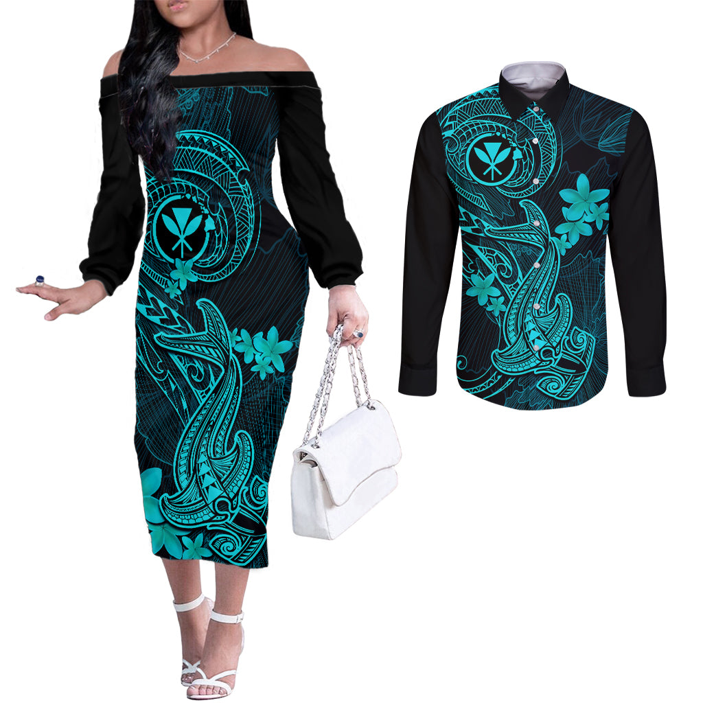 Hawaii Couples Matching Off The Shoulder Long Sleeve Dress and Long Sleeve Button Shirts Hammerhead Shark Tattoo Mix Polynesian Plumeria Turquoise Version LT14 Turquoise - Polynesian Pride