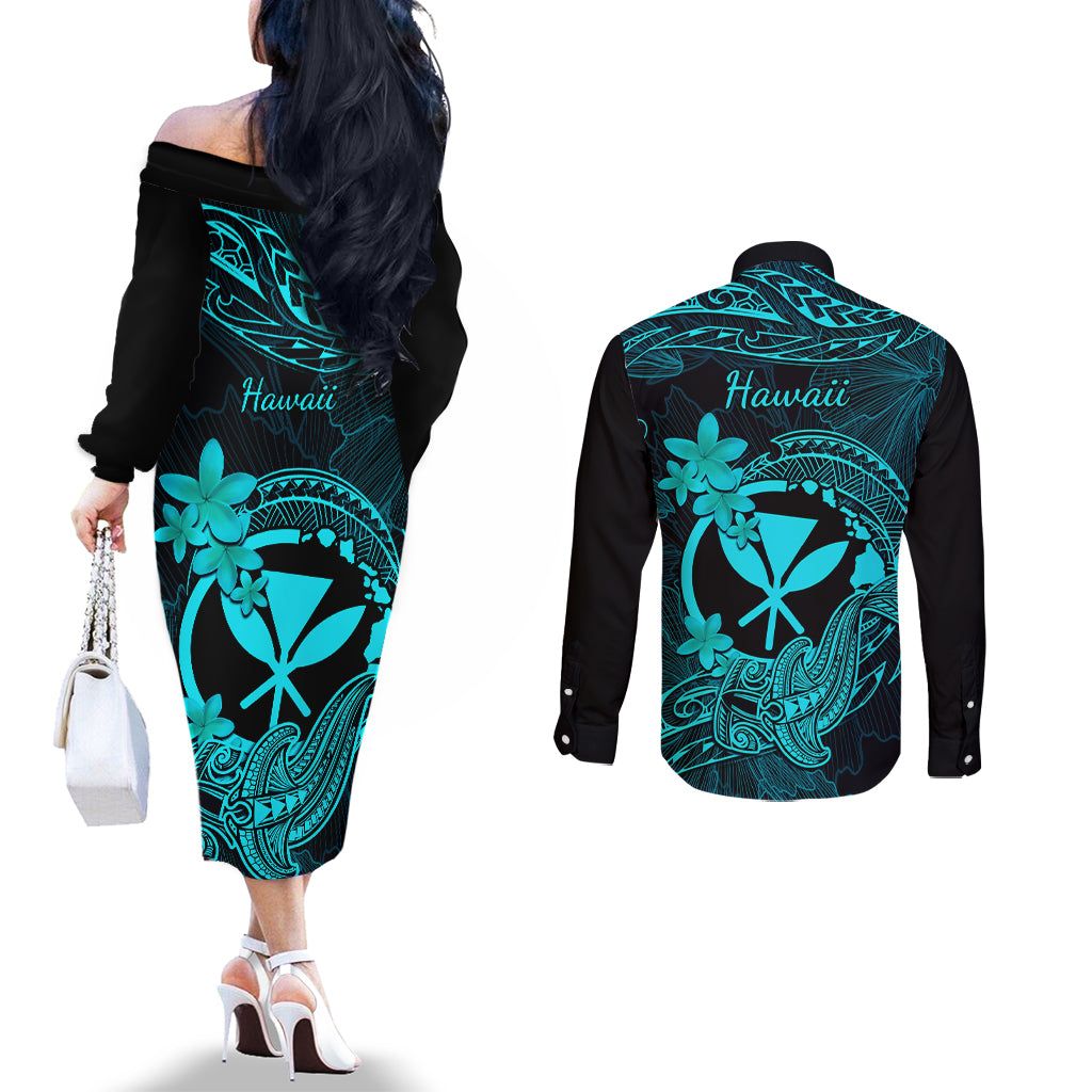 Hawaii Couples Matching Off The Shoulder Long Sleeve Dress and Long Sleeve Button Shirts Hammerhead Shark Tattoo Mix Polynesian Plumeria Turquoise Version LT14 - Polynesian Pride